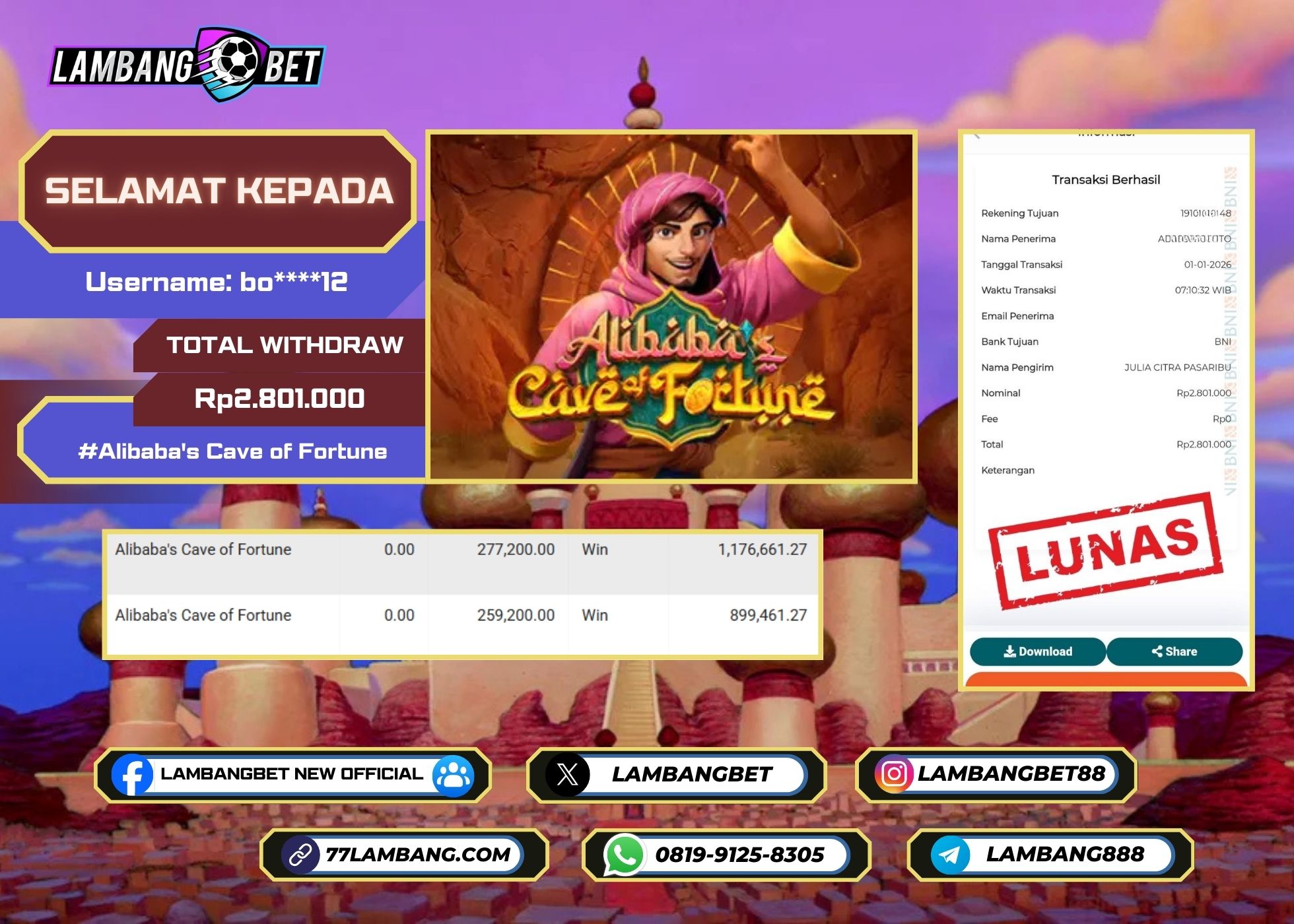 LAMBANGBET [1 JANUARI 2025] JACKPOT SLOT Alibaba's Cave of Fortune "Rp2.801.000" LUNAS